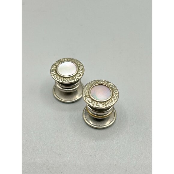 Vintage Mother of Pearl Snap Link Buttons Cufflinks 1/2" Antique Silver Tone - Picture 2 of 5